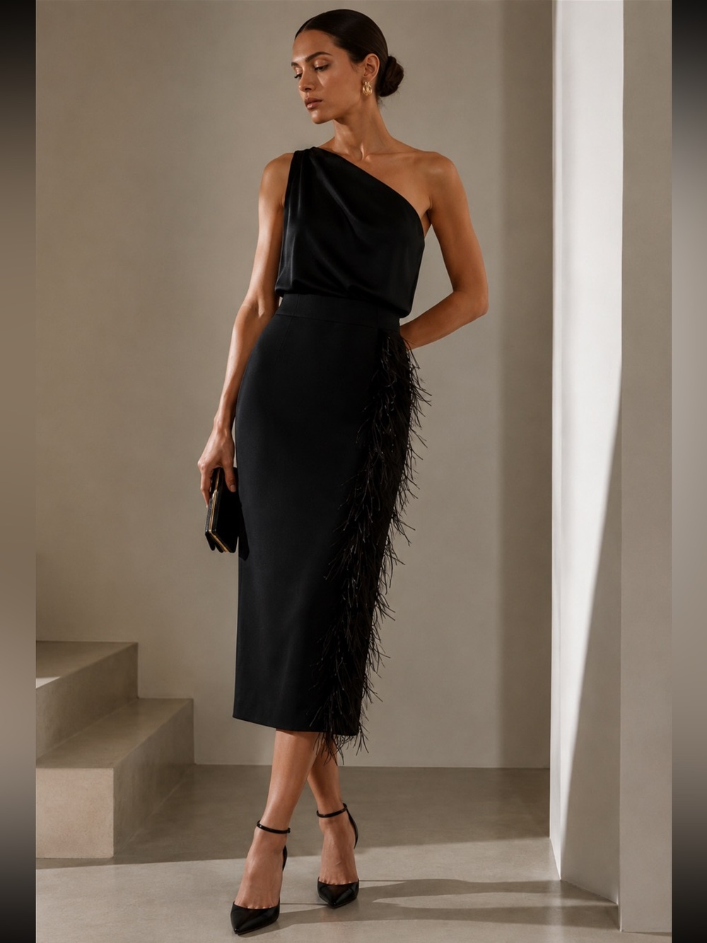 Cushnie Et Ochs Cocotail Feather Trim Midi Pencil Skirt Silk Lined Black Size 6